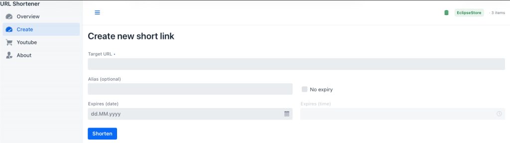 Screenshot of a web application interface titled ‘Create new short link’, featuring input fields for the target URL, an optional alias, expiration date and time, along with a ‘Shorten’ button.
