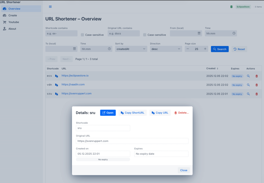 Screenshot of the URL Shortener application overview, displaying a table with shortcodes and their corresponding original URLs. A detailed dialog is open showing details for the shortcode ‘sru’ with options to open, copy, and delete the entry.