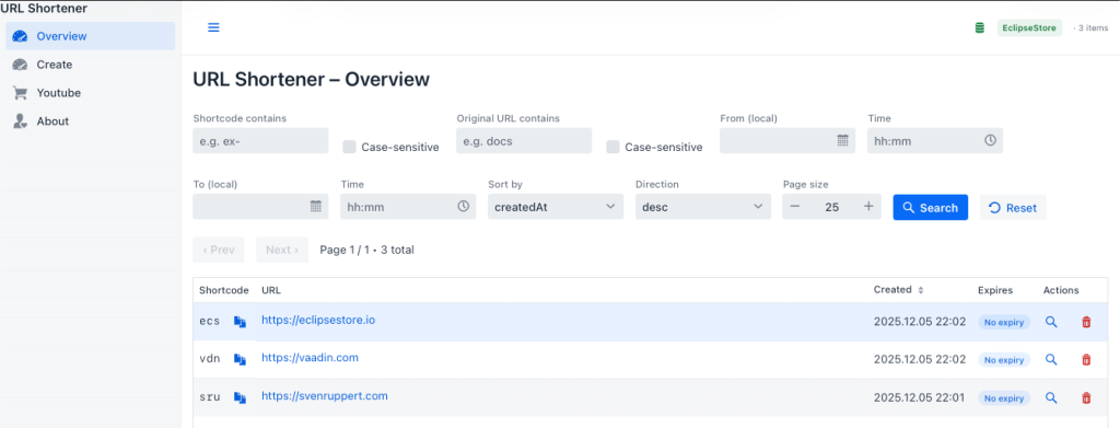 Screenshot of the URL Shortener overview page displaying a list of shortened URLs, including their shortcode, original URL, creation time, and expiration status.