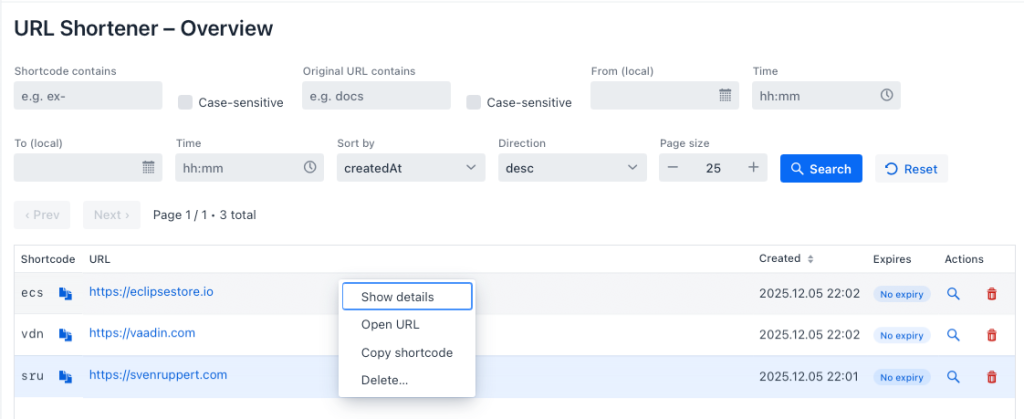 Screenshot of a URL shortener overview page displaying shortcodes, original URLs, creation dates, expiration status, and action buttons.