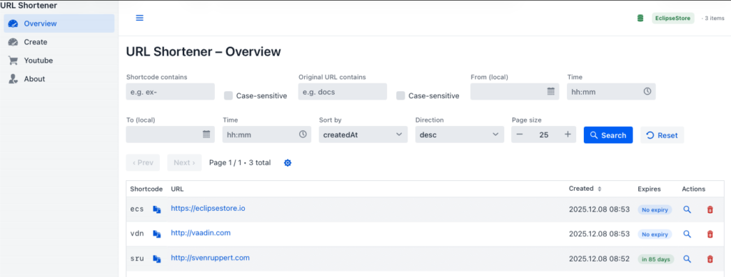 Screenshot of the URL Shortener application Overview page, displaying a table with shortcodes, URLs, creation dates, and expiration status, along with search and filter options.