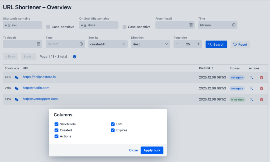 Screenshot of the URL Shortener Overview interface displaying fields for searching shortcodes and URLs, a grid showing short links with their details, and a dialog for column visibility options.