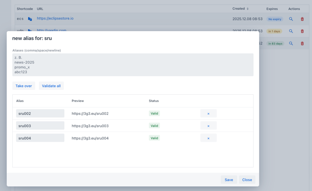 A modal dialogue titled &rsquo;new alias for: sru&rsquo; showing a section for entering aliases with examples, a button to validate them, and a list of aliases with their previews and statuses.