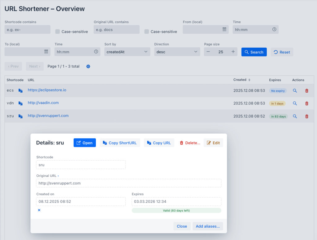 Overview of a URL shortener application displaying shortcodes, original URLs, creation dates, expiration details, and actions for handling the URLs.