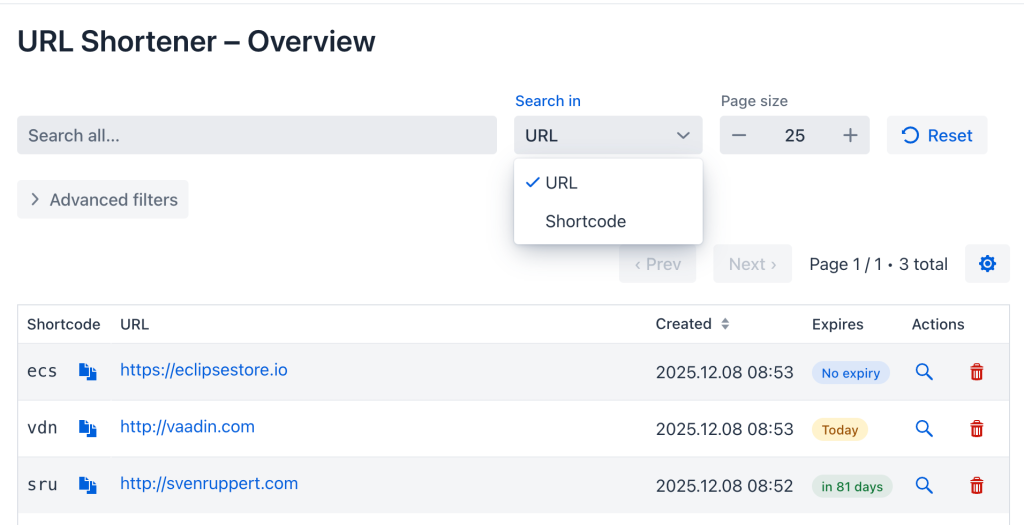 URL shortener overview interface with a search bar, option to search by URL or shortcode, and a table displaying shortcodes with their corresponding URLs, created dates, expiration statuses, and action buttons.