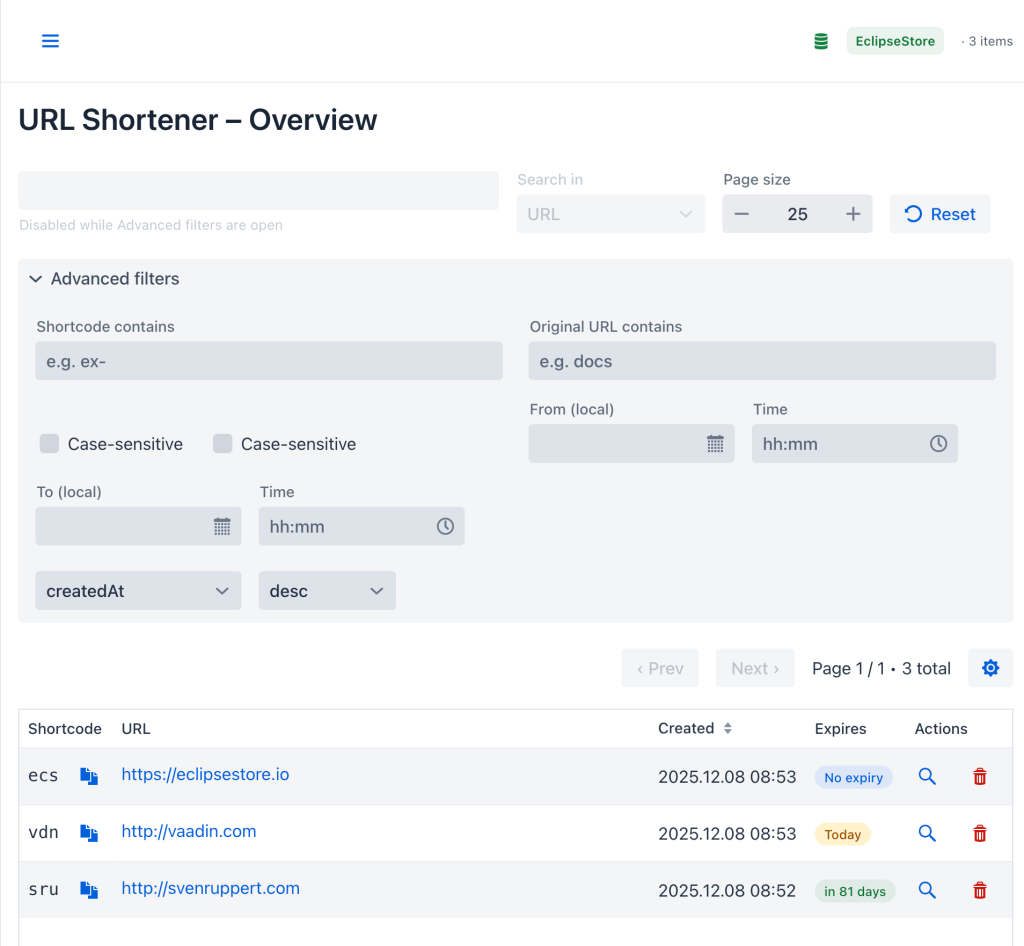 Screenshot of the URL Shortener Overview interface, displaying search filters, pagination options, and a table listing shortened URLs along with their details.