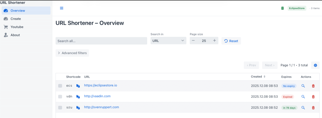 Overview interface of a URL shortener tool showing a list of short links, with details such as ‘Shortcode’, ‘URL’, ‘Created’, ‘Expires’, and action buttons.