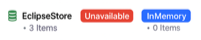 Screenshot of the status display in the MainLayout showing three memory states: EclipseStore, Unavailable, and InMemory, with corresponding item counts.