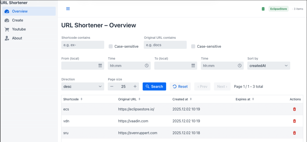 Screenshot of the URL shortener overview interface displaying various options including shortcode search, time filters, and a table of shortened links with their details.