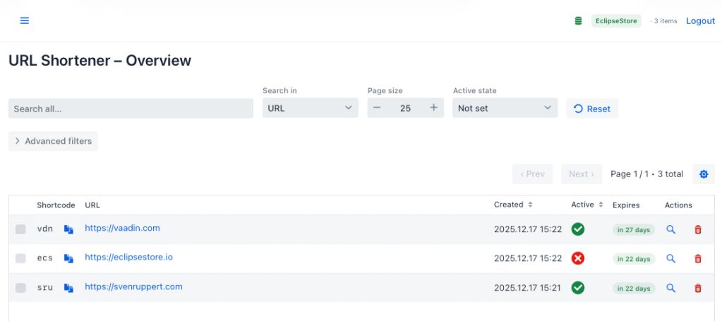 Screenshot of a URL shortener overview interface displaying a table with shortcode, URL, created date, activity status, expiration, and action buttons.