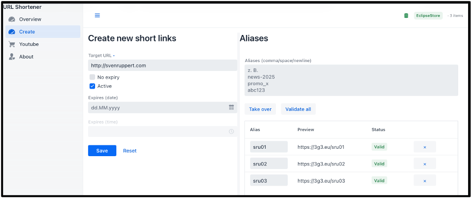 Screenshot of the URL Shortener application interface, showing the &lsquo;Create new short links&rsquo; section with input fields for target URL, expiration date, and aliases. The section includes buttons to save or reset the form and validations for the aliases, displaying their status as valid or invalid.