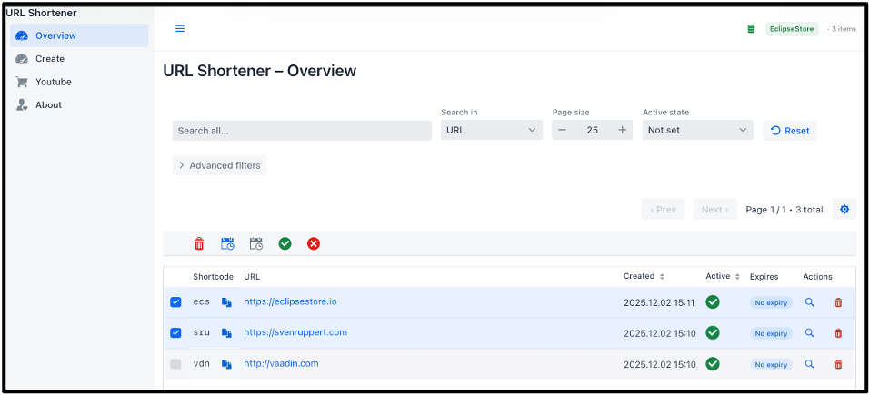 Overview page of a URL shortener application, featuring options to search, filter, and manage short links with corresponding URLs and actions.