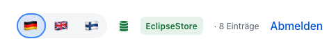 User interface showing language options with German, English, and Finnish flags, the name ‘EclipseStore,’ and a logout button.