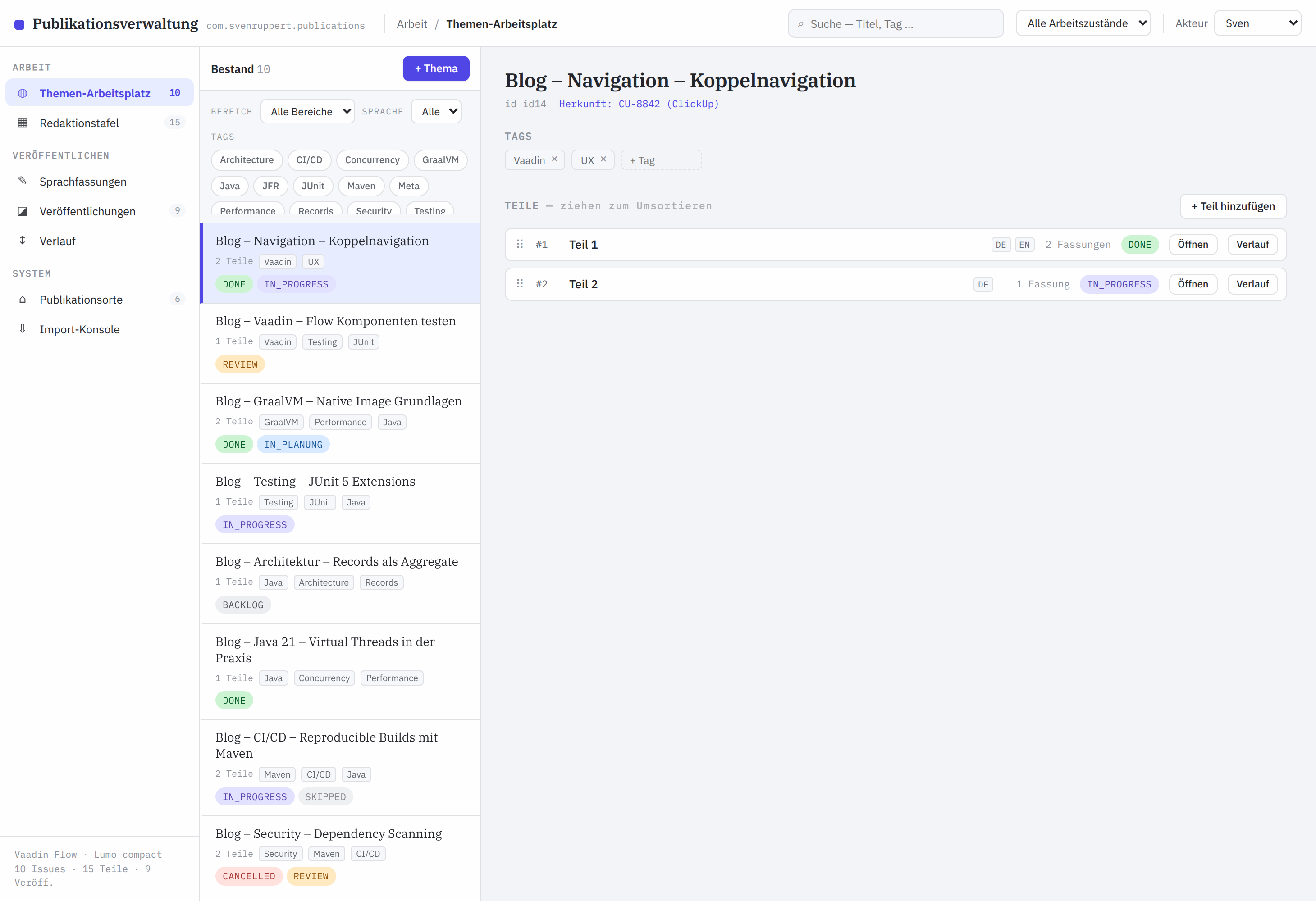 Topic workspace — a topic with its parts, tags and the recorded ClickUp origin