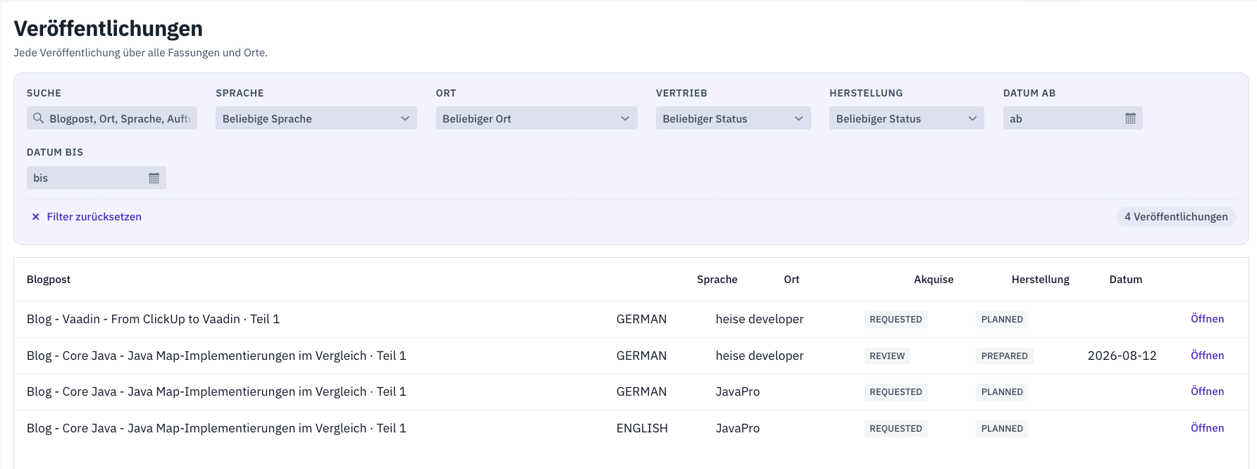 Publication overview of the running application — one row per publication, acquisition and production side by side