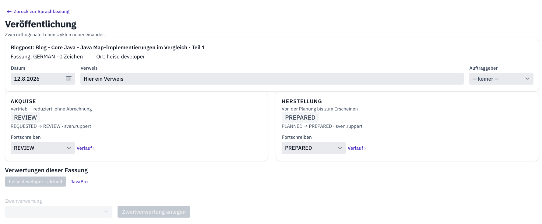 Publication view of the running application — acquisition and production as two equal columns